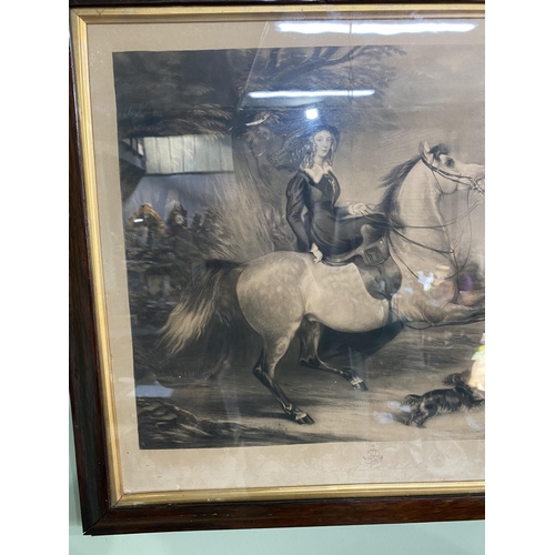 878 - 19th C. Girl riding side saddle engraving mounted in rosewood frame {56 cm H x 64 cm W}.