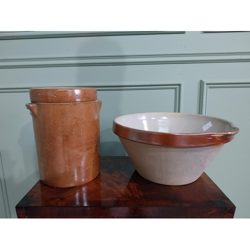 904 - Glazed stoneware bowl and lidded jar {18 cm H x 39 cm Dia. AND 30 cm H x 24 cm Dia.}.