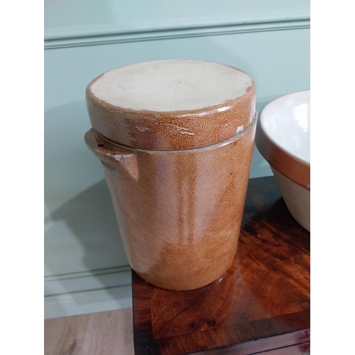 904 - Glazed stoneware bowl and lidded jar {18 cm H x 39 cm Dia. AND 30 cm H x 24 cm Dia.}.