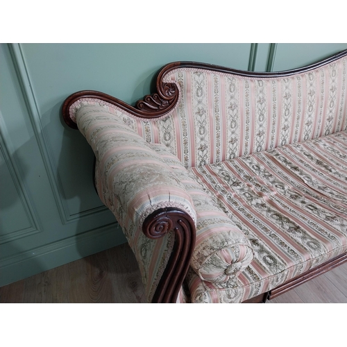 910 - Regency mahogany and upholstered sofa raised on turned legs and castors {89 cm H x 210 cm W x 70 cm ... 