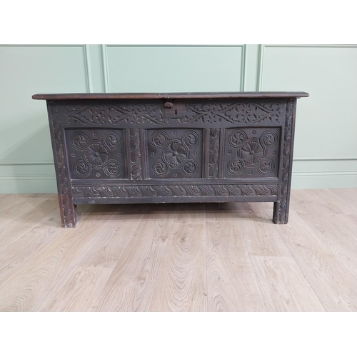 92 - 18th C. carved oak blanket box {70 cm H x 134 cm W x 58 cm D}.