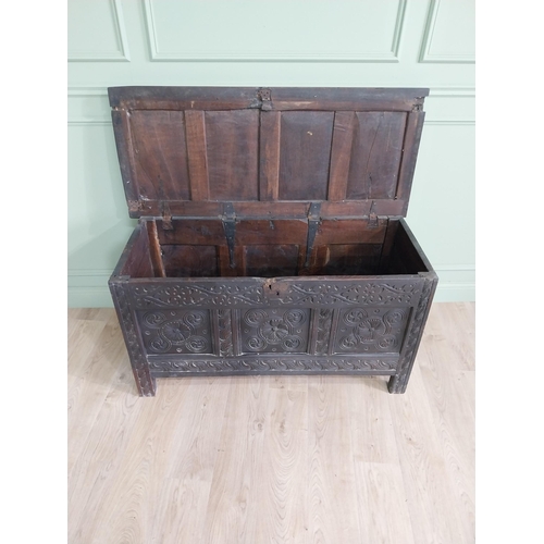 92 - 18th C. carved oak blanket box {70 cm H x 134 cm W x 58 cm D}.