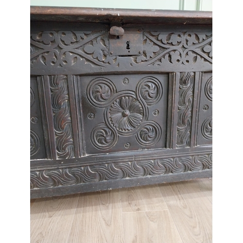 92 - 18th C. carved oak blanket box {70 cm H x 134 cm W x 58 cm D}.