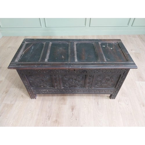 92 - 18th C. carved oak blanket box {70 cm H x 134 cm W x 58 cm D}.