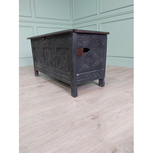 92 - 18th C. carved oak blanket box {70 cm H x 134 cm W x 58 cm D}.