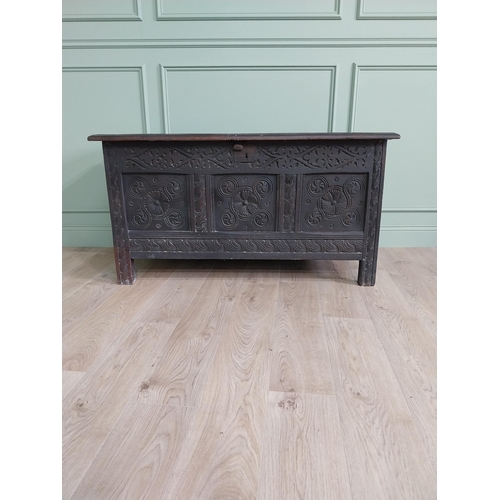 92 - 18th C. carved oak blanket box {70 cm H x 134 cm W x 58 cm D}.