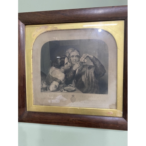 93 - 19th C. 'Cup Tossing' black and white engraving mounted in rosewood frame {37 cm H x 39 cm W}.