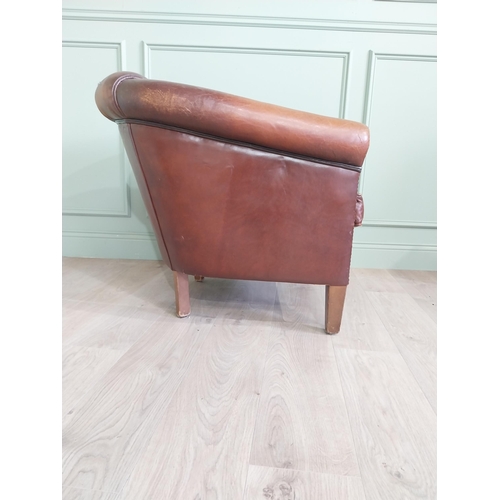 932 - French hand dyed leather club chair raised on square tapered legs {75 cm H x 78 cm W x 90 cm D}.