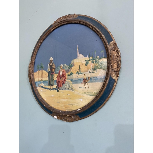 937 - Pair of early 20th C. Arabian scenes coloured prints mounted in painted and giltwood frames {46 cm D... 