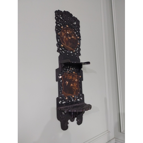 940 - Edwardian Oriental ebonised wooden wall shelves with mother of pearl inlay {104 cm H x 30 cm W x 20 ... 