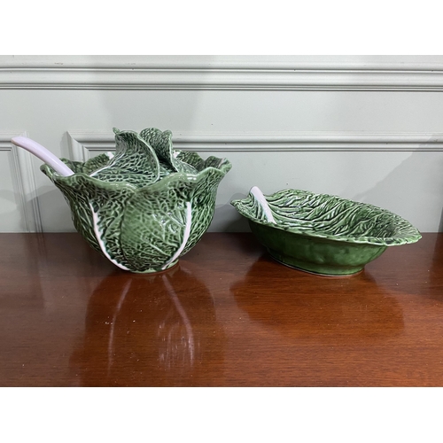 944 - Kerangol Portugal pottery cabbage leaf lidded tureen with ladle and salad bowl {22 cm H x 32 cm Dia.... 