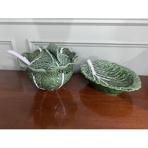 944 - Kerangol Portugal pottery cabbage leaf lidded tureen with ladle and salad bowl {22 cm H x 32 cm Dia.... 