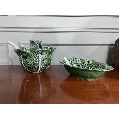 944 - Kerangol Portugal pottery cabbage leaf lidded tureen with ladle and salad bowl {22 cm H x 32 cm Dia.... 