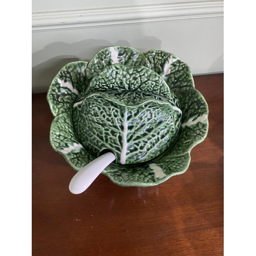 944 - Kerangol Portugal pottery cabbage leaf lidded tureen with ladle and salad bowl {22 cm H x 32 cm Dia.... 