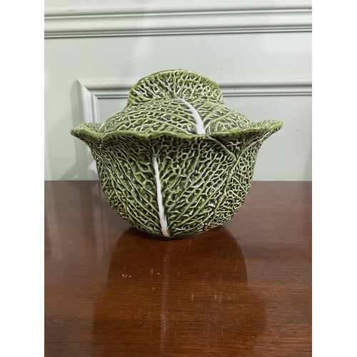 945 - Pottery cabbage leaf lidded tureen with ladle  {19 cm H x 30 cm W x 25 cm D}.