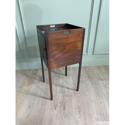 955 - Irish Georgian mahogany pot cupboard with gallery back and single blind door above single drawer rai... 