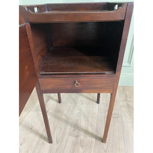 955 - Irish Georgian mahogany pot cupboard with gallery back and single blind door above single drawer rai... 