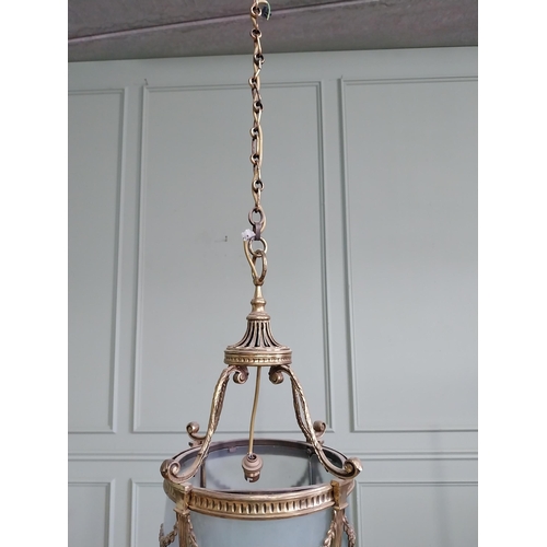 96 - Good quality 19th C. gilded brass hall lantern with original glass shade {Drop including chain 100 c... 