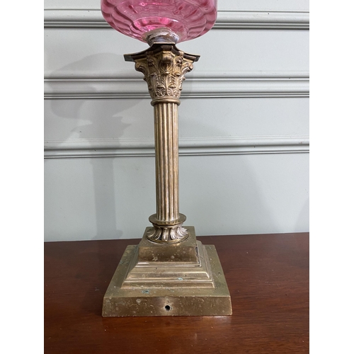 969 - 19th C. brass Corinthian column oil lamp base ruby glass bowl {46 cm H x 16 cm Dia.}.