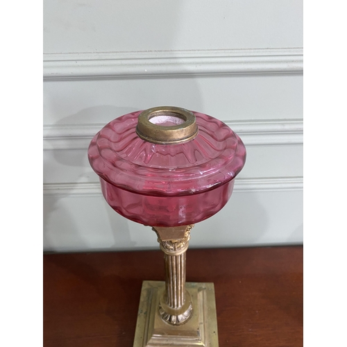 969 - 19th C. brass Corinthian column oil lamp base ruby glass bowl {46 cm H x 16 cm Dia.}.