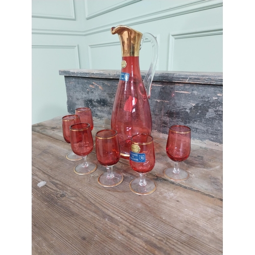 975 - Bohemian ruby glass jug with six matching glasses {Jug 26 cm H x 10 cm W x 11 cm D and Glasses 9 cm ... 