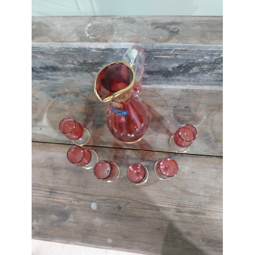 975 - Bohemian ruby glass jug with six matching glasses {Jug 26 cm H x 10 cm W x 11 cm D and Glasses 9 cm ... 