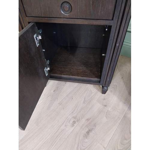 976 - Pair of oak veneered bedside lockers with single drawer over blind door {65 cm H x 50 cm W x 40 cm D... 