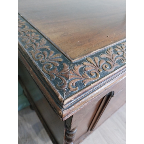 989 - Edwardian walnut blanket box raised on turned legs and single stretcher in the Tudor style {76 cm H ... 