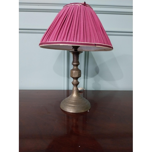 991 - Edwardian brass table lamp with cloth shade {41 cm H x 27 cm Dia.}.