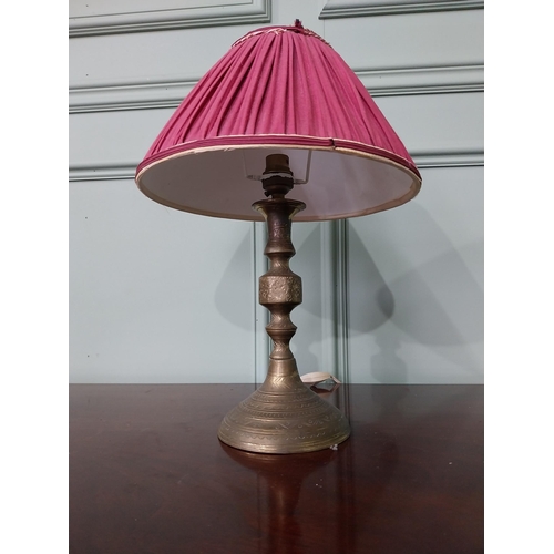 991 - Edwardian brass table lamp with cloth shade {41 cm H x 27 cm Dia.}.