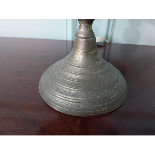 991 - Edwardian brass table lamp with cloth shade {41 cm H x 27 cm Dia.}.