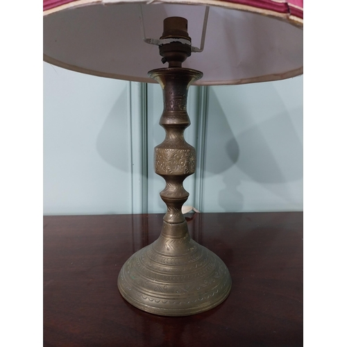 991 - Edwardian brass table lamp with cloth shade {41 cm H x 27 cm Dia.}.