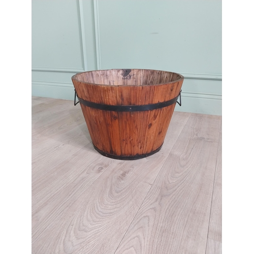 992 - Vintage metal bound pine log bucket {32 cm H x 48 cm Dia.}.