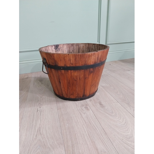 992 - Vintage metal bound pine log bucket {32 cm H x 48 cm Dia.}.