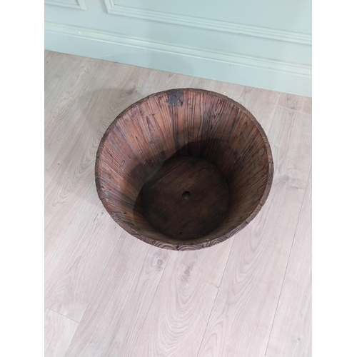 992 - Vintage metal bound pine log bucket {32 cm H x 48 cm Dia.}.