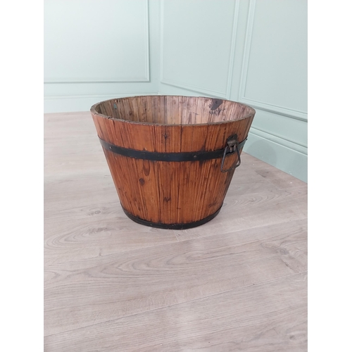 992 - Vintage metal bound pine log bucket {32 cm H x 48 cm Dia.}.