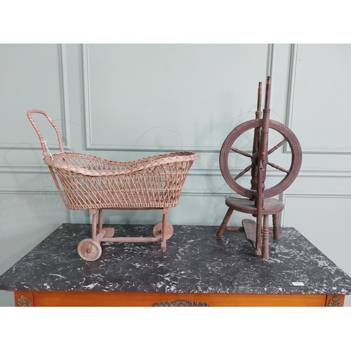 998 - Early 20th C. wicker child's pram and walnut spinning wheel {63 cm H x 65 cm W x 36 cm D and 75 cm H... 