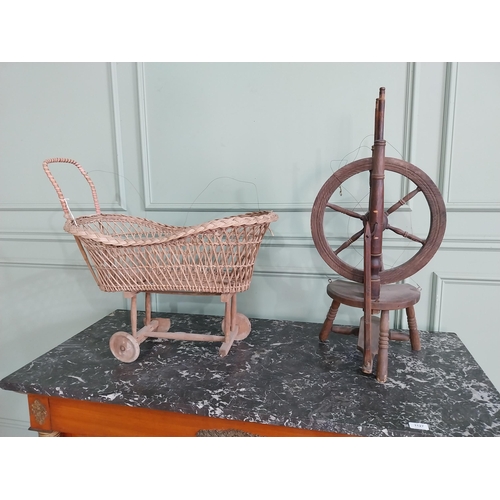 998 - Early 20th C. wicker child's pram and walnut spinning wheel {63 cm H x 65 cm W x 36 cm D and 75 cm H... 