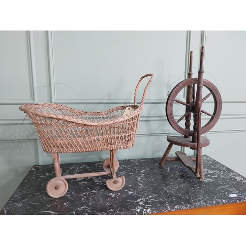 998 - Early 20th C. wicker child's pram and walnut spinning wheel {63 cm H x 65 cm W x 36 cm D and 75 cm H... 