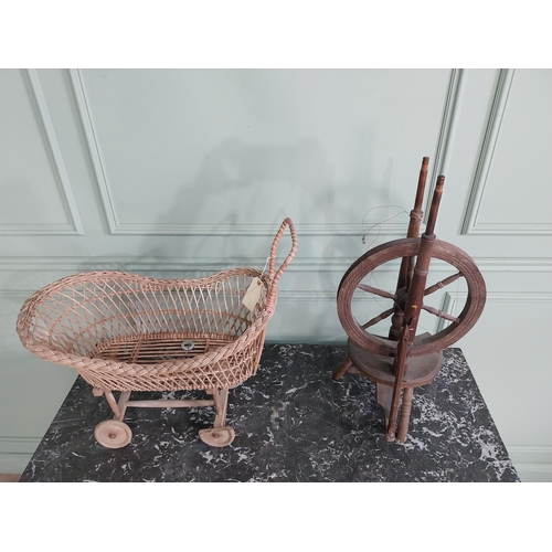 998 - Early 20th C. wicker child's pram and walnut spinning wheel {63 cm H x 65 cm W x 36 cm D and 75 cm H... 