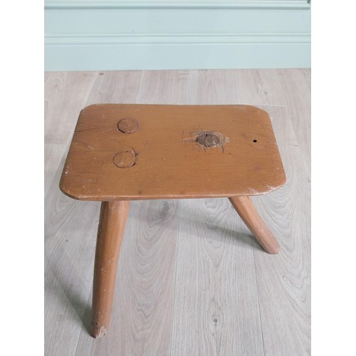 1204 - 19th C. Irish painted elm three legged stool {36 cm H x 40 cm W x 36 cm D}.