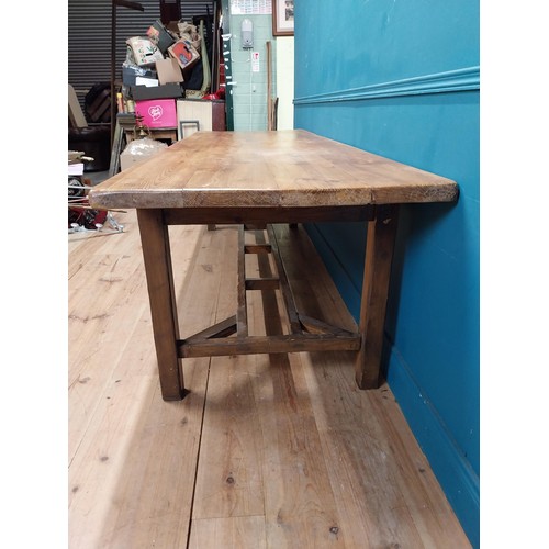 158 - Good quality pine country kitchen table raised on square legs and double stretcher {76 cm H x 270 cm... 