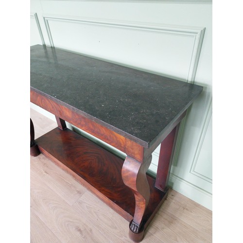 434 - William IV French flamed mahogany console table with marble top and singe drawer in the frieze raise... 