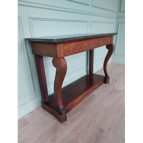 434 - William IV French flamed mahogany console table with marble top and singe drawer in the frieze raise... 