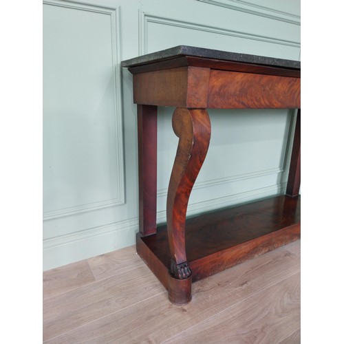 434 - William IV French flamed mahogany console table with marble top and singe drawer in the frieze raise... 