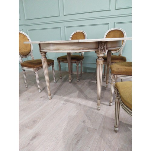 464 - French painted pine dining table and six matching chairs. Table {78 cm H x 140 cm W x 110 cm D} and ... 