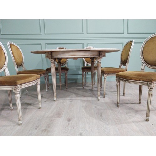 464 - French painted pine dining table and six matching chairs. Table {78 cm H x 140 cm W x 110 cm D} and ... 