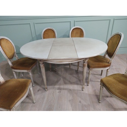 464 - French painted pine dining table and six matching chairs. Table {78 cm H x 140 cm W x 110 cm D} and ... 