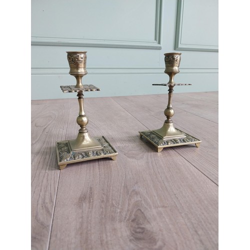 556 - Pair of decorative brass candlesticks in the Georgian style {17 cm H x 8 cm W x 8 cm D} AND pair of ... 