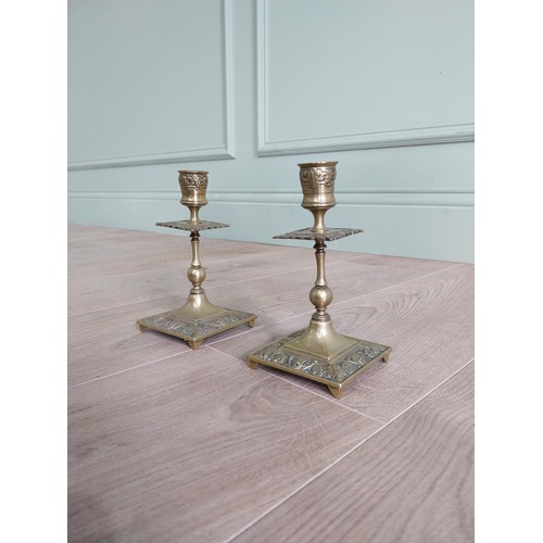 556 - Pair of decorative brass candlesticks in the Georgian style {17 cm H x 8 cm W x 8 cm D} AND pair of ... 